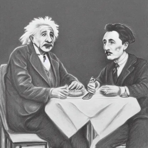 Image similar to Einstein and Tesla sitting at cafe, pencil drawing, ultra detailed