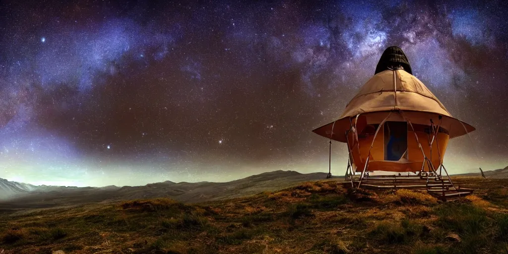 Prompt: science fiction high-tech yurt, beautiful fantasy landscape with depth-of-field