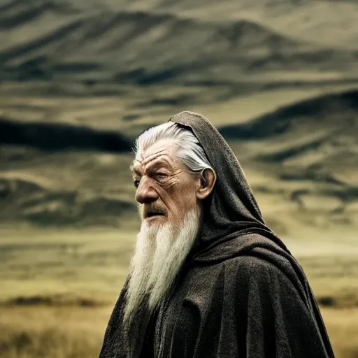 Prompt: landscape photo of the evil ian mckellen as gandalf in a dark viking hood playing odin all father from the thor movie walking through an open grass field as a malicious entity, highly detailed, cinematic shot, cinematic lighting, 8 k, exquisit facial detail