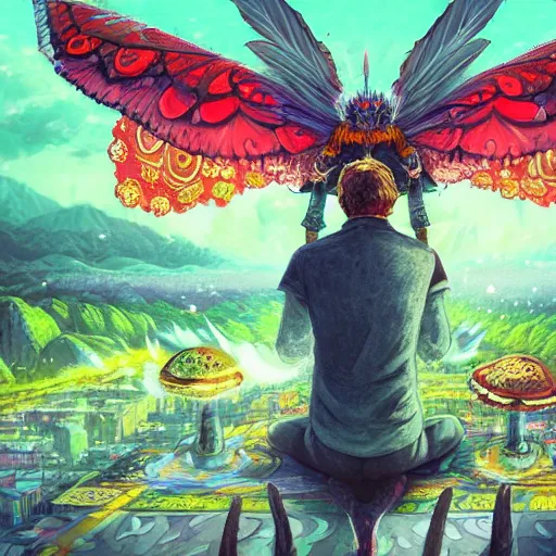 Image similar to 8K centered headshot Portrait of a psychedelic godlike mothman with giant mandala wings smoking a hand-rolled cigarette smoking heavily , magic mushroom village in background , post-processing , award winning. superb resolution. in the art style of Satoshi Kon and Greg Rutkowski . Detailed Mushroom city in background. Hyper realistic anime. Perfect art. Dalle2
