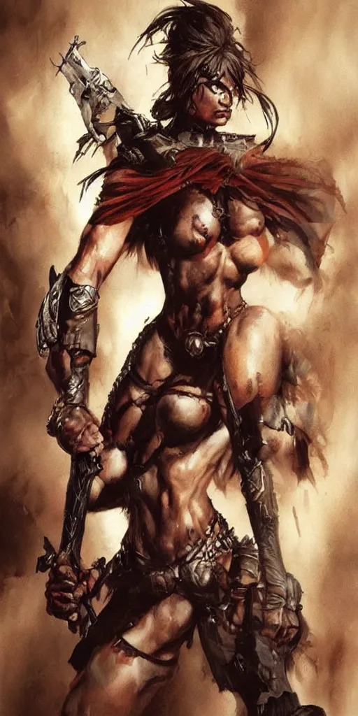 Image similar to Simon Bisley female warrior, artstation