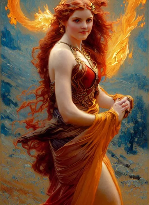 Prompt: young celtic woman, goddess of fire, flowing gown, smug expression, highly detailed painting by gaston bussiere, craig mullins, j. c. leyendecker 8 k, art nouveau