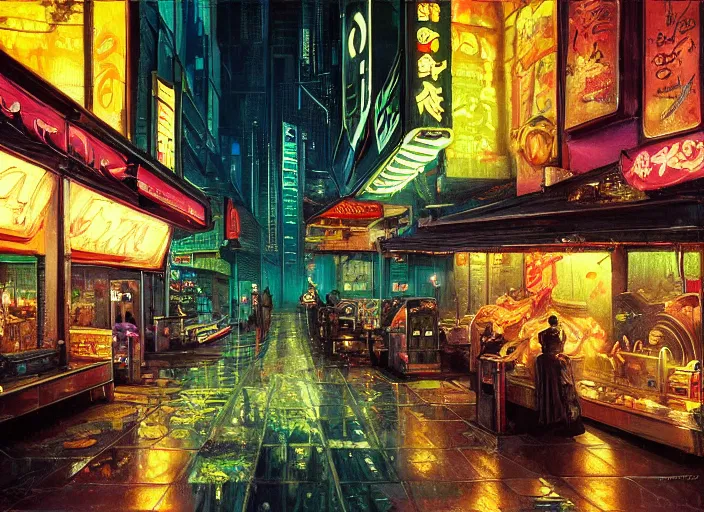 Prompt: the only open cyberpunk blade runner fast food stand in the cyberpunk city during a melancholy rainy night by salvadore dali