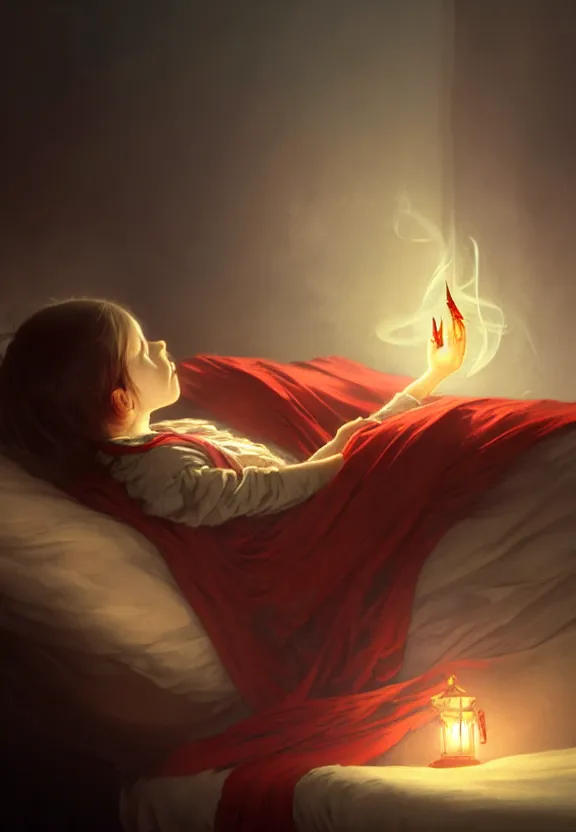 Image similar to a smoke demon with red eyes floating above the bed of a sleeping child, fantasy magic, dark light night, intricate, elegant, sharp focus, illustration, highly detailed, digital painting, concept art, matte, art by wlop and artgerm and greg rutkowski and alphonse mucha, octane render, 4 k, masterpiece