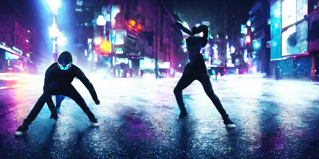 Image similar to slow motion film still of futuristic break dancer wearing dark suit with neon lights, long exposure shot , at night in the middle of a rainy street, rim lights, glossy reflections, octane render, detailed and soft, by laurie greasley