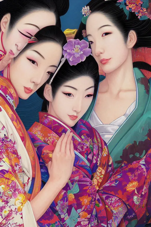 Image similar to a professional painting of 3 gorgeous Japanese Geisha girls, in brightly colored kimonos, long dark hair, beautiful bone structure, symmetrical facial features, intricate, elegant, digital painting, concept art, smooth, sharp focus, illustration, from StarCraft by Ruan Jia and Mandy Jurgens and Artgerm and William-Adolphe Bouguerea, epic, stunning, gorgeous, intricate detail, much wow, 4K, masterpiece, trending on artstation