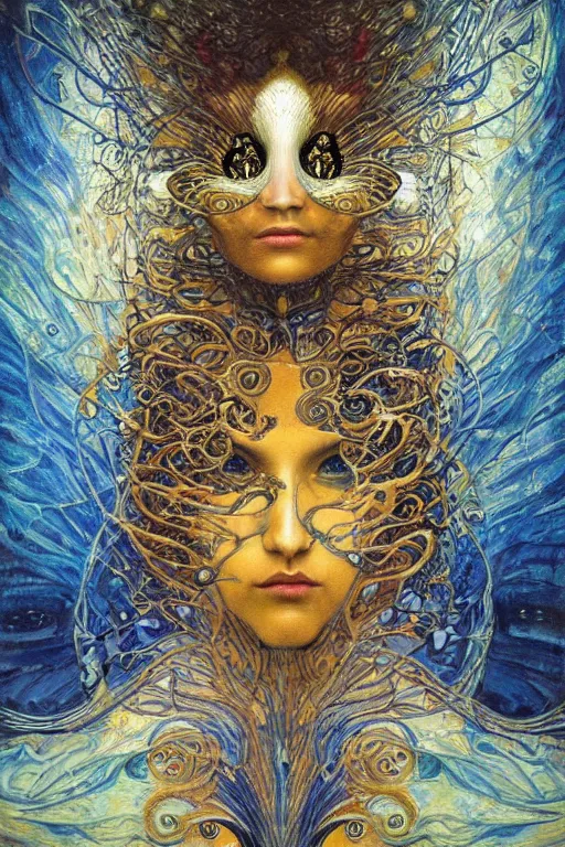 Image similar to Metamorphosis by Karol Bak, Jean Deville, Gustav Klimt, and Vincent Van Gogh, transformation portrait, visionary, otherworldly, fractal structures, ornate gilded medieval icon, third eye, dynamic, spirals