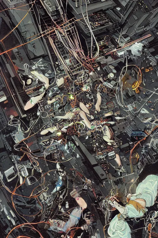 Prompt: a hyper-detailed cyberpunk illustration of a group of female androids' bodies torn apart, with cables and wires coming out, lying scattered in various poses over an empty floor, by masamune shirow and katsuhiro otomo, seen from above, japan 1980s, no background