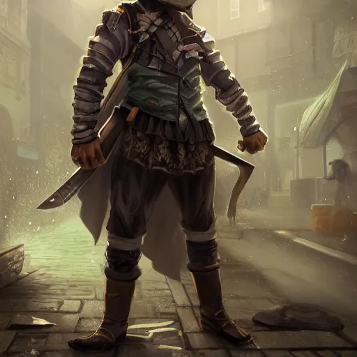 Image similar to a photo of a man with dark green skin and long silver hair, his eyes are powerfully glowing red, he is in commoners clothes standing on a cobblestone platform, he has a shortbow strapped to his back and he is holding a short sword in one hand, trending on artstation, digital artwork, cinematic lighting, 4K, very full detail, amazing artwork, trending on Behance award-winning art