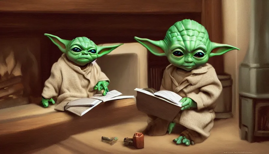 Image similar to baby yoda reading book near the fireplace in the chalet, hyperdetailed, artstation, cgsociety, 8 k