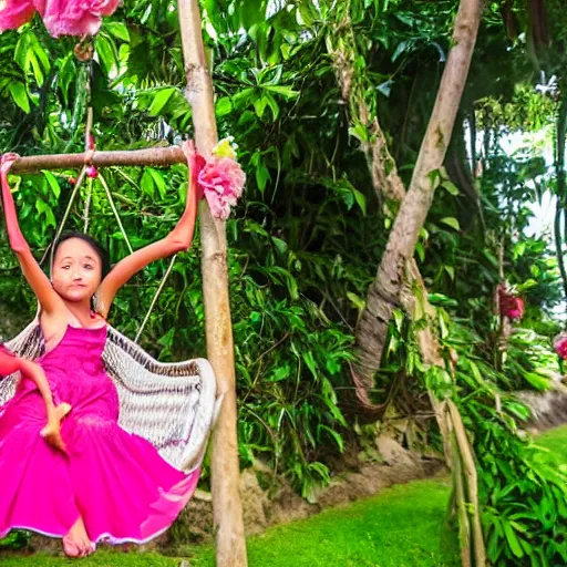 Prompt: A girl in a peony dress swings on a flower swing in Bali, style of Guo Hua