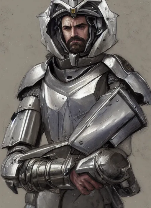 Image similar to medium-length portrait of a male paladin with short curly hair and a greying beard, olive skin, a grim expression and tired eyes, wears a suit of silver power armor, magitech!, gundam, medieval setting, highly detailed, digital painting, artstation, concept art, sharp focus, illustration, art by greg rutkowski and alphonse mucha