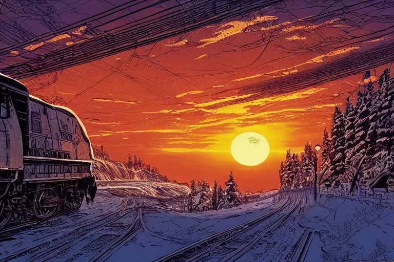 Prompt: trans - siberian express train ultrafine drawing by joe fenton and syd mead and p. craig russell and barry windsor - smith, artstation, 4 k, graphic novel, concept art, matte painting, beautiful russian winter landscape sunset background, golden hour, art nouveau, sharp