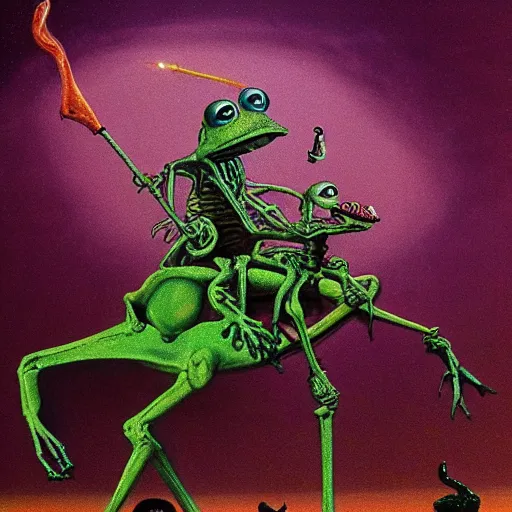 Prompt: muppet frog horseman riding a glowing baroque unicorn skeleton, foggy night, in style of tarot card, art in style of beksinski, part of greg hildebrandt, in color palette of francis bacon, eerie, mystical, sublime