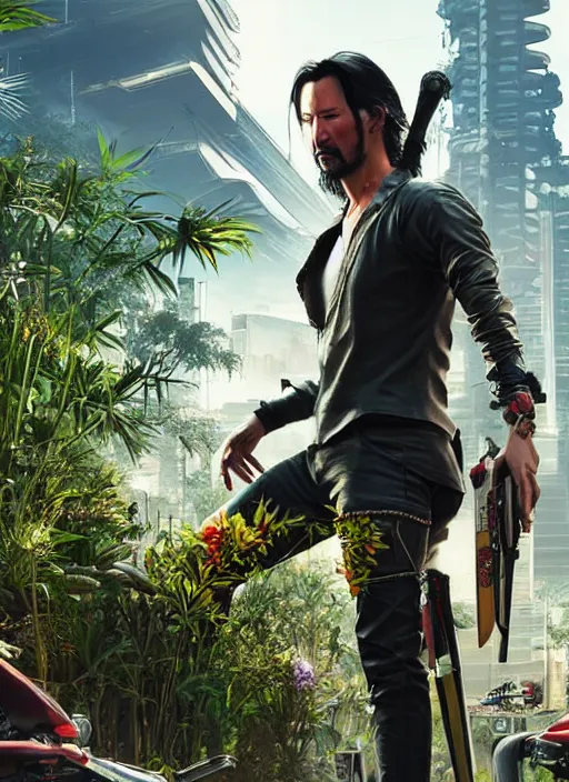 Prompt: wake up samurai, solarpunk, lots of plants, gardening, permaculture, keanu reeves as johnny silverhand, cyberpunk 2 0 7 7, anarchy, realistic, ultra detailed