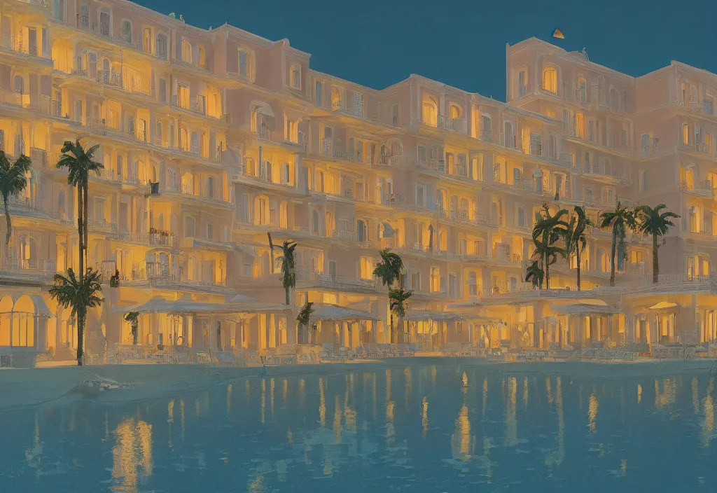 Image similar to accidentally wes anderson award - winning photograph of a beautiful hotel in a beach town, art by greg rutkowsky, trending on artstation, cinematic lighting, filmic grain, golden hour, detailed, 4 k