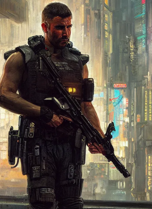 Image similar to 🤼♂. cyberpunk police trooper in a military vest ( blade runner 2 0 4 9, cyberpunk 2 0 7 7 ). orientalist portrait by john william waterhouse and james gurney and theodore ralli and nasreddine dinet, oil on canvas. cinematic, hyper realism, realistic proportions, dramatic lighting, high detail 4 k