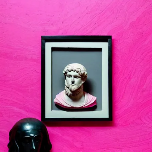 Image similar to a greco - roman marble bust sits on a pink and black checkerboard tile floor, a pink wall in the background with a framed photo of a cityscape at night, trending on bandcamp