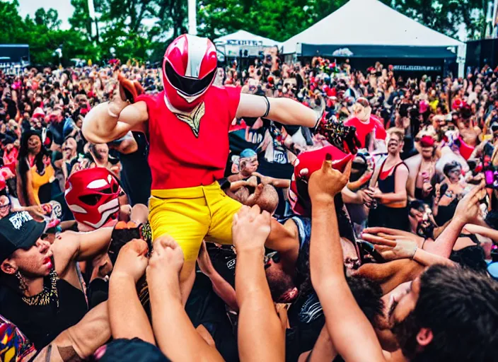 Image similar to photo still of putties from power rangers at the vans warped tour!!!!!!!! at age 3 6 years old 3 6 years of age!!!!!!!! stage diving into the crowd, 8 k, 8 5 mm f 1. 8, studio lighting, rim light, right side key light