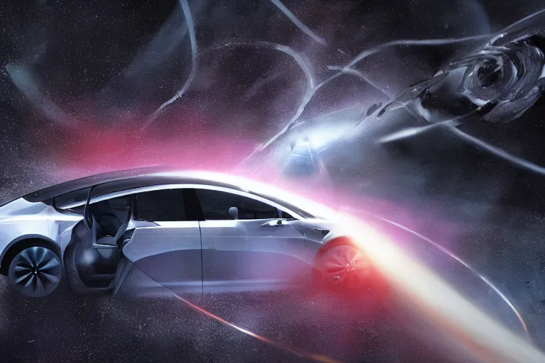 Prompt: A professional photo of a Tesla Model X car in orbit around a black hole; high-quality, dramatic lighting; extremely high detail; trending on artstation