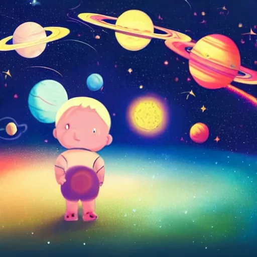 Prompt: lonley and gloomy baby in middle of space surrounded by colorful stars planets and galaxies, grainy design, high quality, 4 k, high details, smooth fucos, award winning, artstation