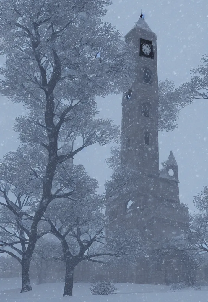 Image similar to arusha's clock tower covered in snow fantasy, trending on artstation, digital art.