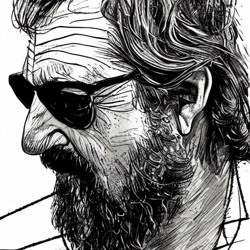 Prompt: a realistic yet scraggly portrait sketch of the side profile of a stern and sophisticated the big lebowski, trending on artstation, intricate details, in the style of frank auerbach, in the style of sergio aragones, in the style of martin ansin, in the style of david aja, in the style of mattias adolfsson