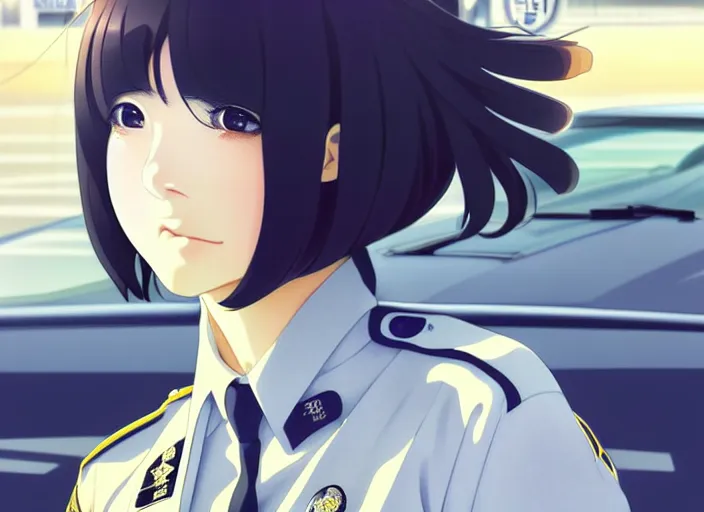 Image similar to anime visual, portrait of a japanese police woman in leaning against her patrol car, cute face by ilya kuvshinov, yoshinari yoh, makoto shinkai, katsura masakazu, dynamic perspective pose, detailed facial features, kyoani, rounded eyes, crisp and sharp, cel shad, anime poster, ambient light