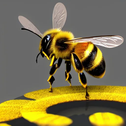 Image similar to 3 d render of a bee, close up shot, blurry background