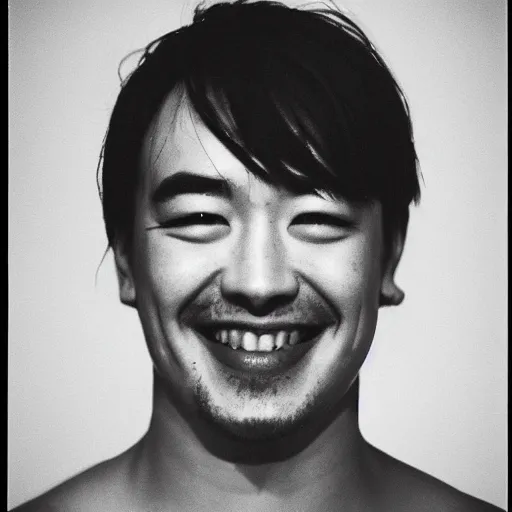 Image similar to very old photo of joji grinning at the camera with his head being slightly tilted to the right, lots of grain, red reflection in eyes, dark pitch black background, in te style of the album ballads 1.