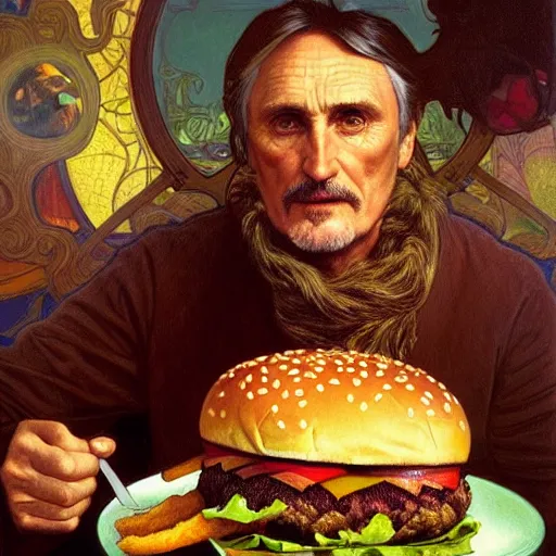 Prompt: painted portrait of ( ( ( dennis hopper ) ) ) eating giant hamburgers, mature, handsome, fantasy, intricate, elegant, highly detailed, digital painting, artstation, concept art, sharp focus, illustration, illumination, holy ethereal light, art by gaston bussiere and alphonse mucha