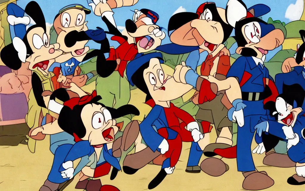 Image similar to episode of animaniacs where yakko wakko and dot Warner torment adolf hitler, cartoon animaniacs in world war 2 era Germany where they bounce on Hitler's head, Hitler is crying, streaming on hulu, high quality upload, Steven spielberg Warner bros animation