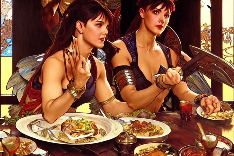 Image similar to xena warrior princess eating at a restaurant with a hispanic man art by artgerm and greg rutkowski and alphonse mucha