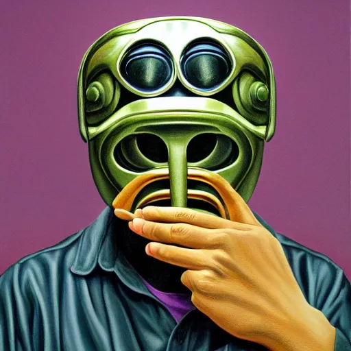 Prompt: beautiful lifelike painting of mf doom forgets his pot holders, hyperreal detailed facial features and uv lighting, art by ed roth and basil wolverton