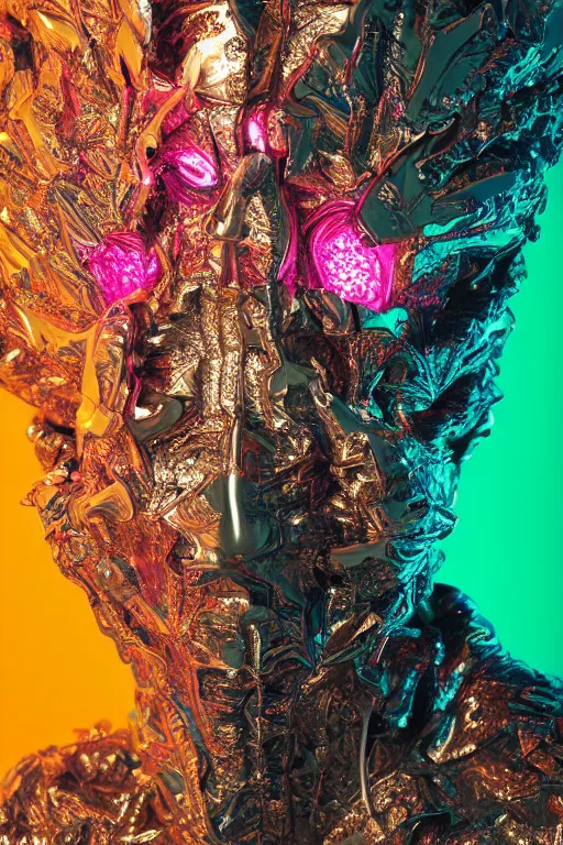 Prompt: hyper detailed ultra sharp portrait of baroque and bladerunner delicate neon ruby sculpture of ( seductive albino brazilian prince bem dotado ) tigers orange radioactive humanoid deity wearing metallic hoody made out of leaves holding the sun prismatic dungeon, glowing rainbow face, crown of white diamonds, cinematic lighting, photorealistic, octane render 8 k depth of field 3 d