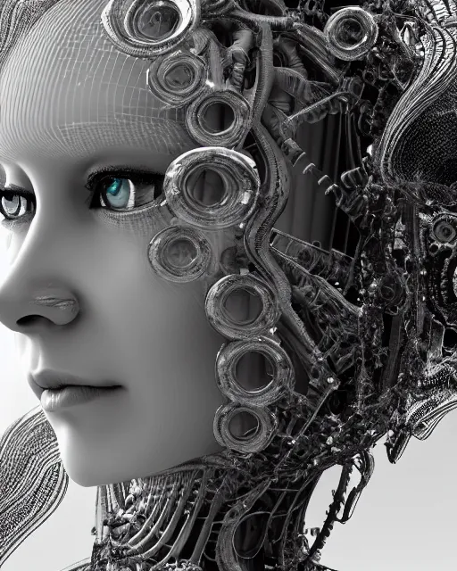 Image similar to mythical dreamy black and white organic translucent bio-mechanical spinal ribbed profile face portrait detail of mechanical beautiful female angelic-snowy-human-doll, highly detailed, intricate crystal jelly steampunk ornate, poetic, 3D render, digital art, octane render, 8K artistic photography, photo-realistic, by Dora Maar