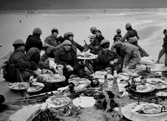 Prompt: vintage photo of a pizza party on omaha beach in normandy with explosions and battle in the background