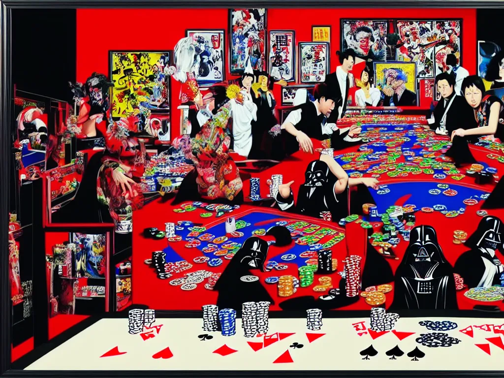 Image similar to hyper - realistic composition of a room with an extremely detailed poker table, croupier in traditional japanese kimono standing nearby, darth vader sitting at the table, fireworks in the background, pop art style, jackie tsai style, andy warhol style, acrylic on canvas