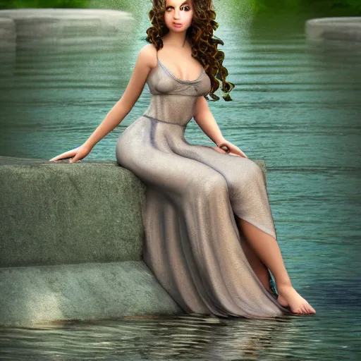 Image similar to Full body photo of a pretty water nymph with long curly hair, wearing a long dress, chilling at the waterside, highly detailed, sharp focus, cinematic lighting, HD, 8K, trending on artstation