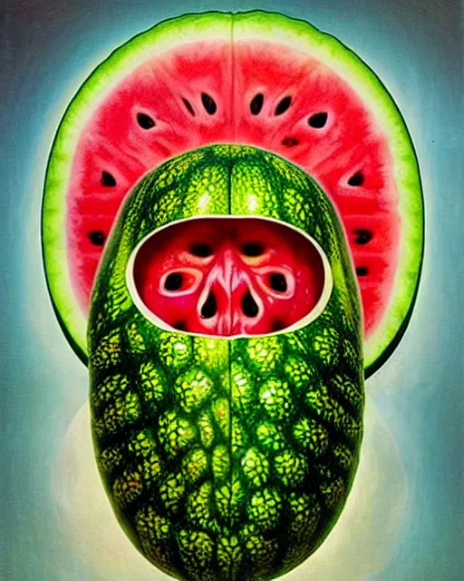 Image similar to interdimensional human watermelon face being made out of fruits, ethereal still life renaissance painting by giuseppe arcimboldo and alex grey