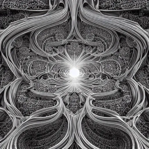 Prompt: a beautiful 3 d render of a sprawling intricate fractal cathedral populated by mandelbrot fractals by android jones, carved stone, carved soap, white color scheme, volumetric lighting, dynamic lighting, dramatic lighting, high contrast, glowing, carved marble, opalescent, sacred geometry, religious, angelic, catholicpunk, stark, trending on artstation