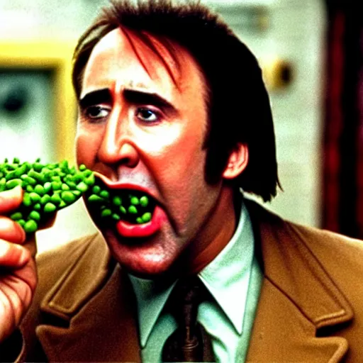 Image similar to nicolas cage drowning mouth full of peas, movie still, the wicker man