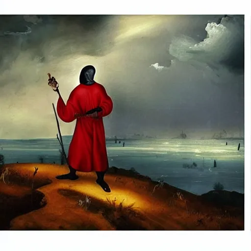 Image similar to grim reaper full figure under the stormy sky medieval art oil painting