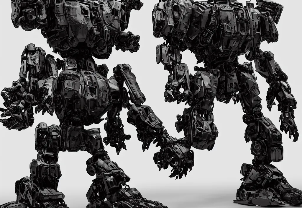 Image similar to giant mech, in the style of kow yokoyama, mecha, made of polychrome plaster stucco, covered in black shiny metallic paint, middle eastern details, cracked, chiaroscuro lighting, gyokugan, dirty, faceted style patterns, realistic, highly detailed, photography, high contrast, masterpiece, octane render,