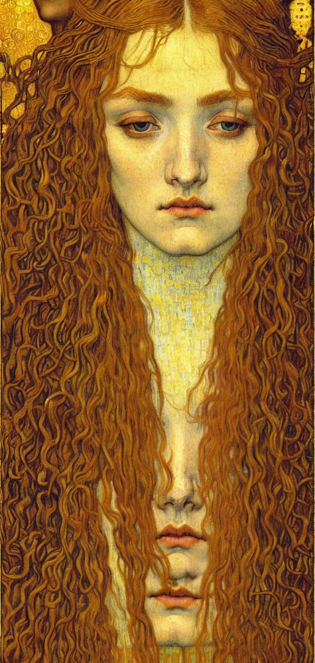 Image similar to detailed realistic beautiful young medieval queen face portrait by jean delville, gustav klimt and vincent van gogh, art nouveau, symbolist, visionary, gothic, pre - raphaelite, muted earthy colors, desaturated