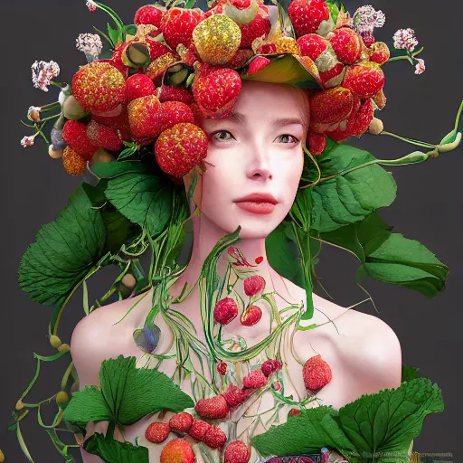 Image similar to the portrait of an absurdly beautiful, graceful, elegant, sophisticated woman made of strawberries and green petals, an ultrafine hyperdetailed illustration by kim jung gi, irakli nadar, proportions, intricate linework, bright colors, octopath traveler, final fantasy, unreal engine 5 highly rendered, global illumination, radiant light, detailed and intricate environment