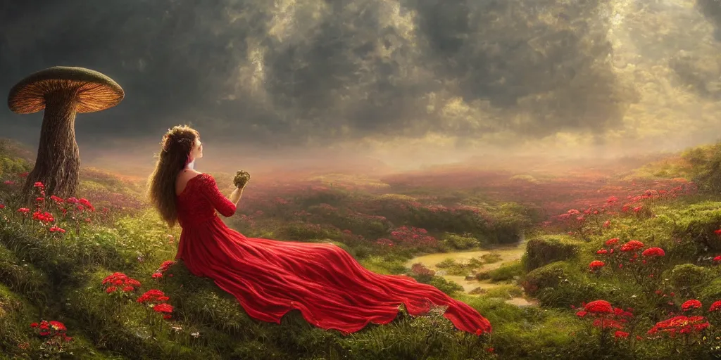 Image similar to an elegant fairy in a red lace dress sitting and looking out at a lord of the rings scenery landscape, vast lush valley flowers and giant mushroom structures, stream, sunrise, god's rays highly detailed, vivid colour, soft clouds, floral sunset, cinematic lighting, perfect composition, 8 k, gustave dore, derek zabrocki, greg rutkowski, belsinski,