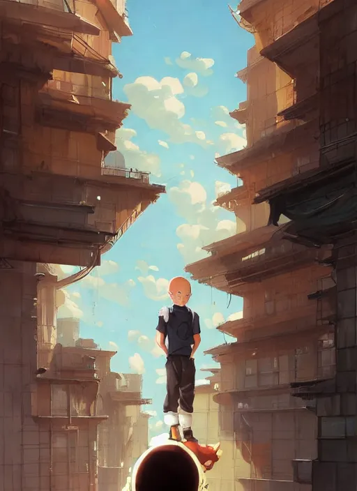 Image similar to highly detailed krillin standing outside building with a window with metal bars and naruto uzumaki with black hair behind them art by greg rutkowski, loish, rhads, ferdinand knab, makoto shinkai and lois van baarle, ilya kuvshinov, rossdraws, tom bagshaw, global illumination, radiant light, detailed and intricate environment