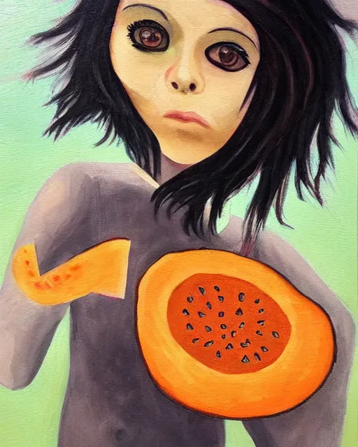 Image similar to a painting of an emo teenager with cantaloupe vibes.