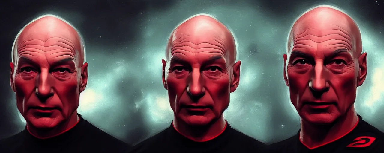 Image similar to duotone black and red concept 3 / 4 portrait of ( ( ( picard facepalm meme ) ) ) captain jean - luc picard with palm on his face inside uss enterprise. accidental renaissance. concept by stanley kubrick. sergey kolesov and ruan jia and heng z. graffiti art, scifi, fantasy, hyper detailed. octane render. trending on artstation